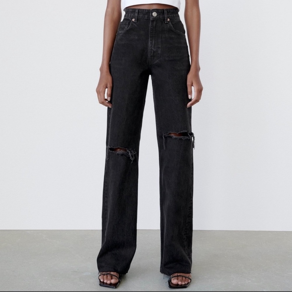 Zara black wide leg ripped jeans size 6